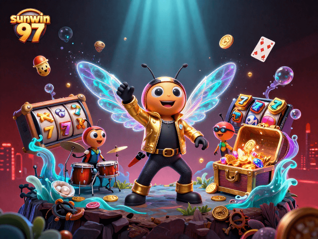 Experience the thrill of sunwin 97 slots with a vibrant 3D casino scene featuring a rock star and dynamic game elements.