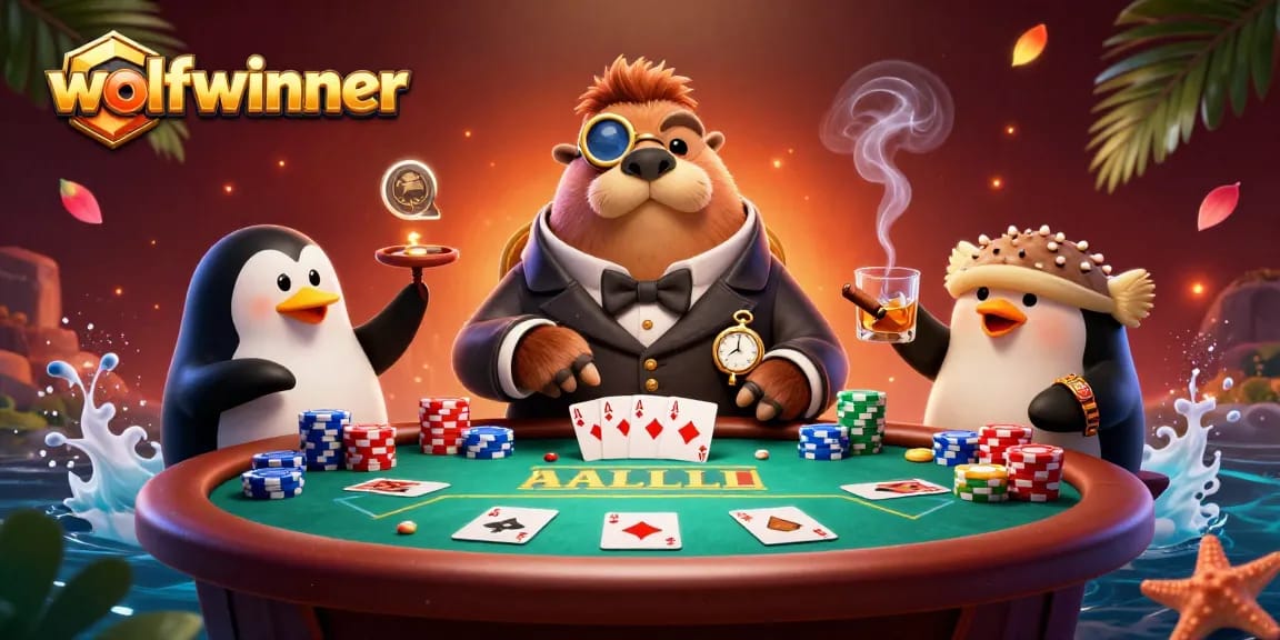wolfwinner showcases a jolly walrus playing poker underwater, featuring colorful chips and cards.
