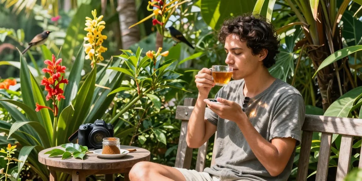 Enjoying Sumatra Kratom tea amidst lush greenery for relaxation