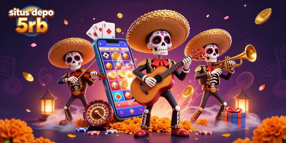 Experience the excitement of situs depo 5rb with colorful mariachis amidst vibrant casino elements and slot games.