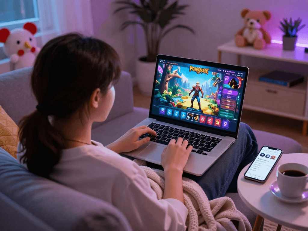 Enjoying a vibrant porngame on a laptop in a cozy atmosphere.