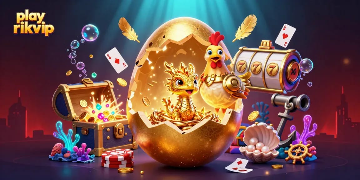 Engage with play rikvip as a baby dragon emerges from a golden egg, surrounded by slot reels.