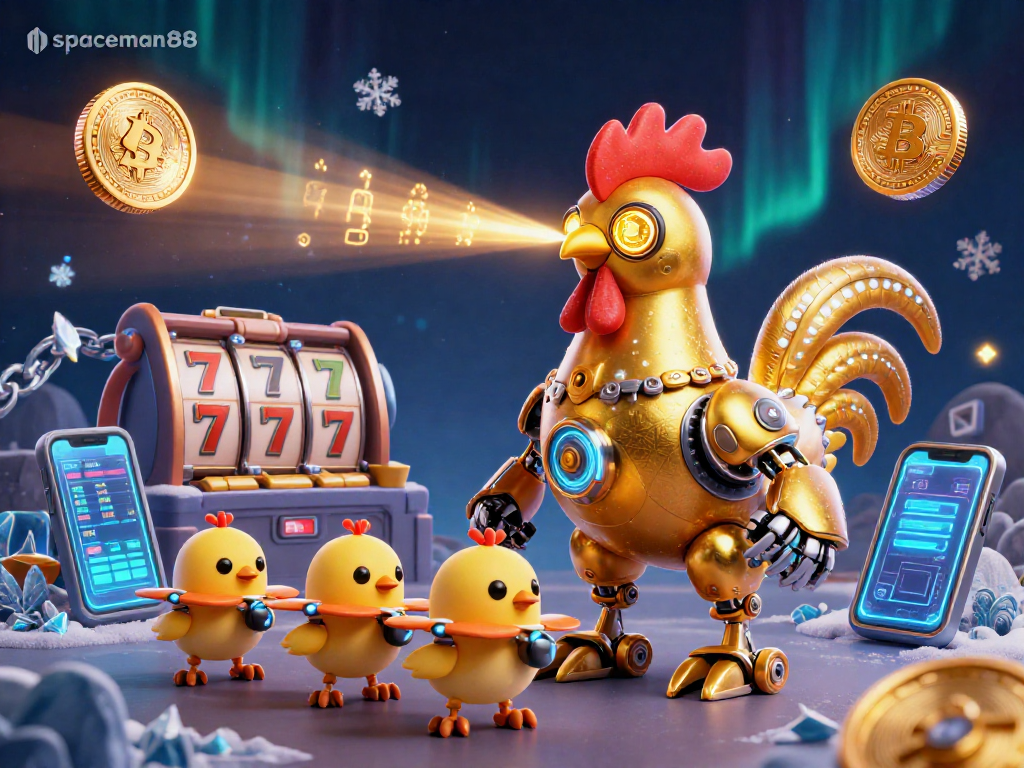 Engage with spaceman88 in an ultra-detailed casino scene featuring a golden rooster robot amidst vibrant gaming elements.