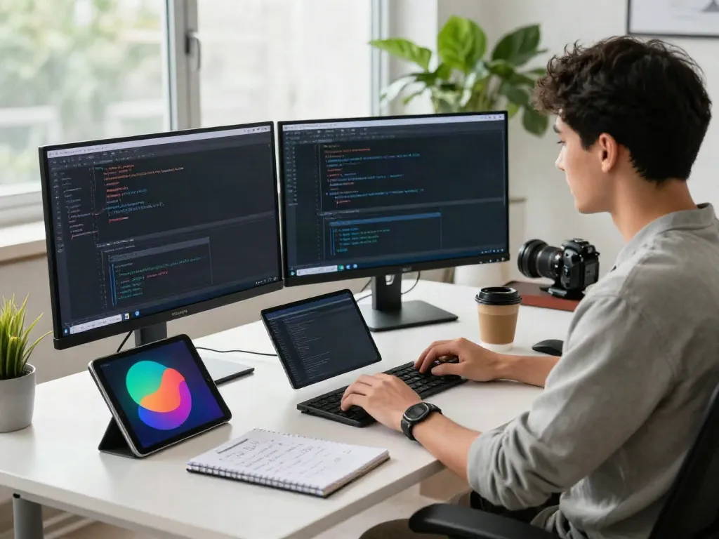 Developer using instant indexing API in a modern workspace with dual monitors and natural light.