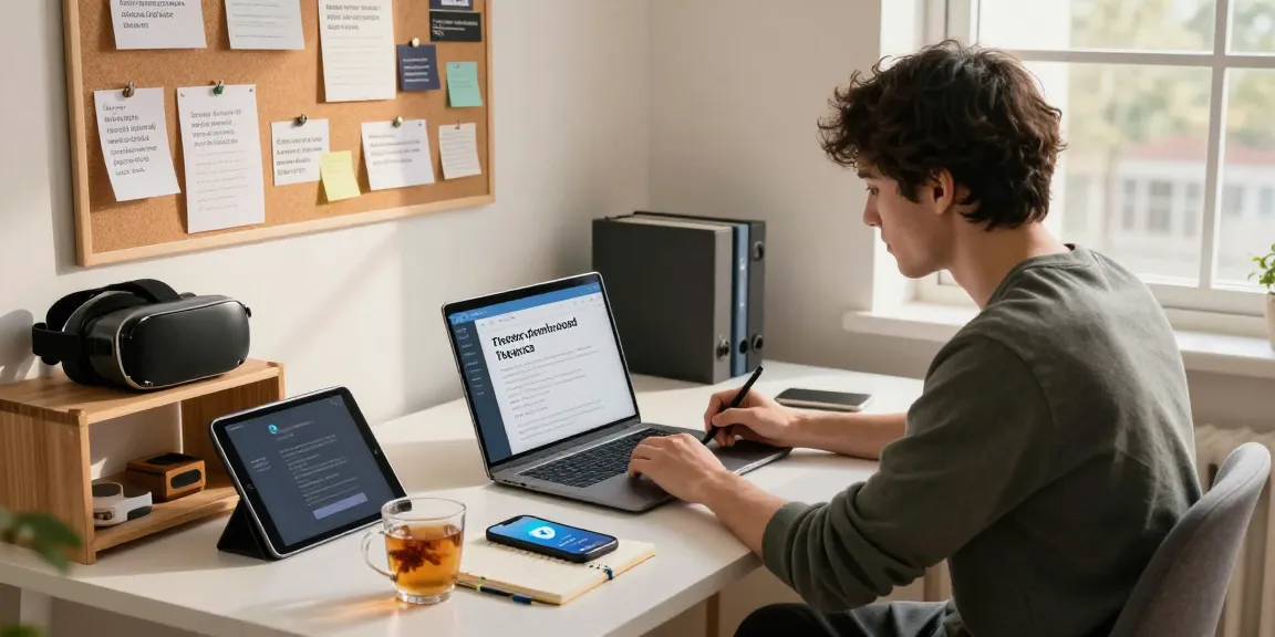 Engaging workspace illustrating Telegram下载 guide creation, featuring tech gadgets and a warm home office atmosphere.