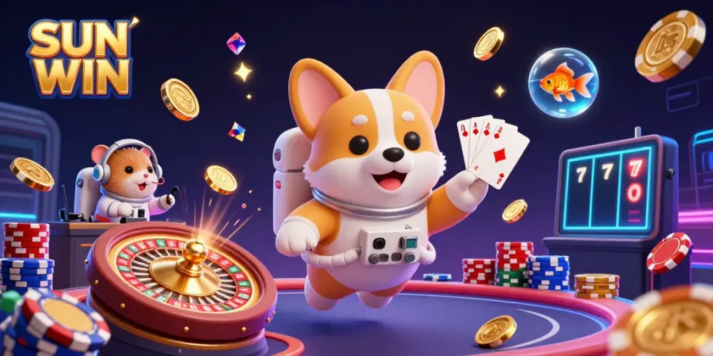 Experience thrilling wins with SUN WIN in a vibrant space casino illustration featuring playful characters and dynamic elements.