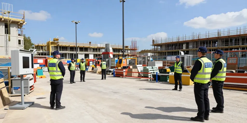 Construction Site Security at a busy London construction site, with professional security personnel monitoring activity.