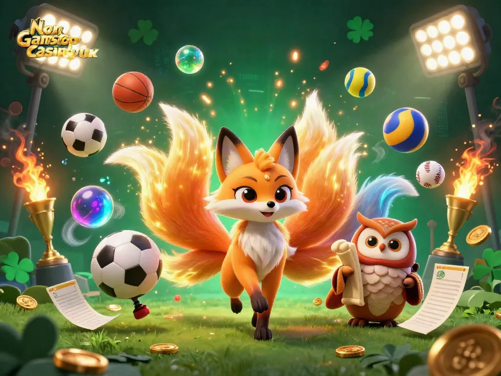 Experience the excitement of Non Gamstop Casino UK with a vibrant 3D illustration showcasing a nine-tailed fox, wise owl, and lively sports elements.