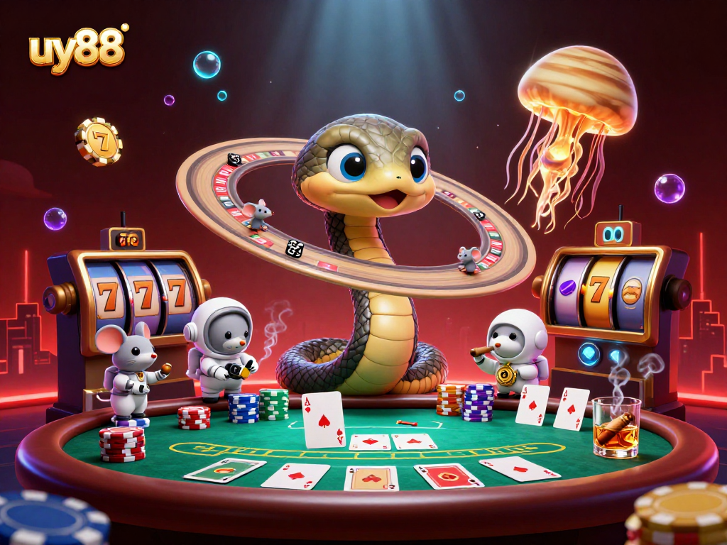 Experience the excitement of gambling at uy88 with this vibrant 3D illustration featuring characters engaged in casino activities.