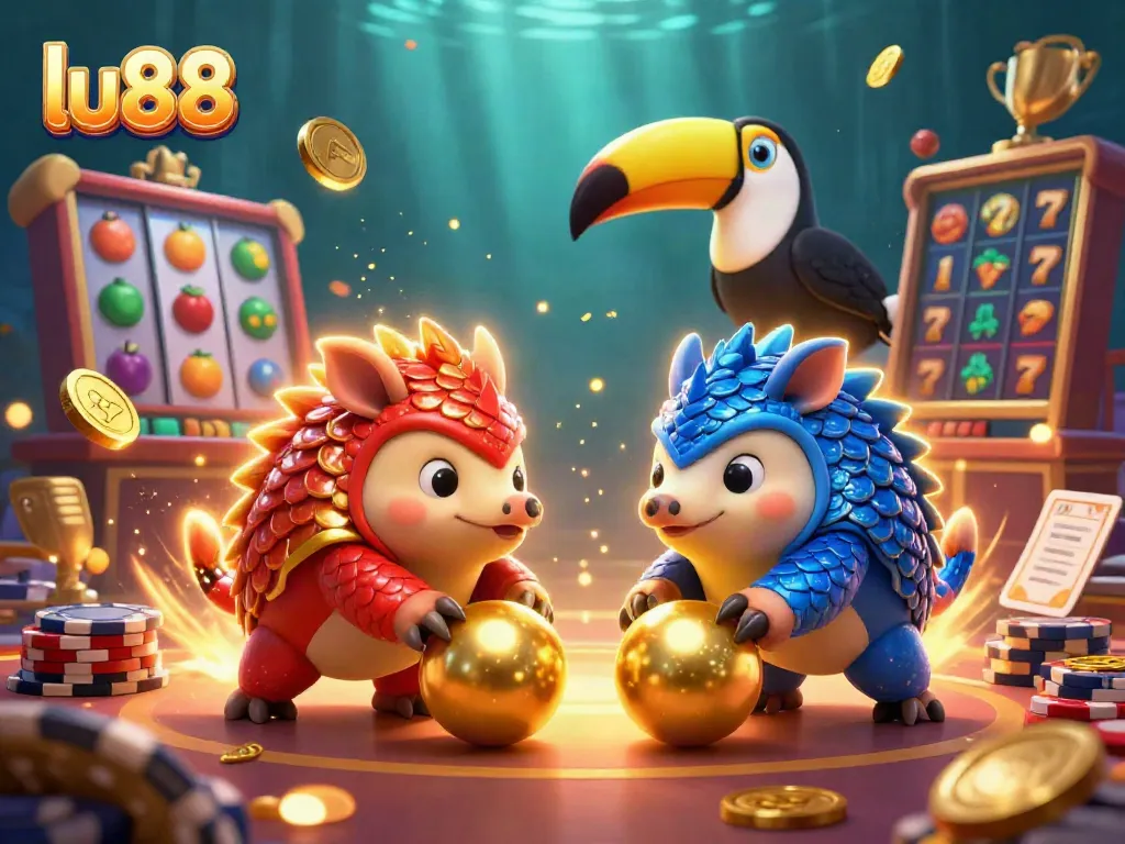 Engage in thrilling slot action with LU88 as rival pangolins compete amidst gold and vibrant symbols.