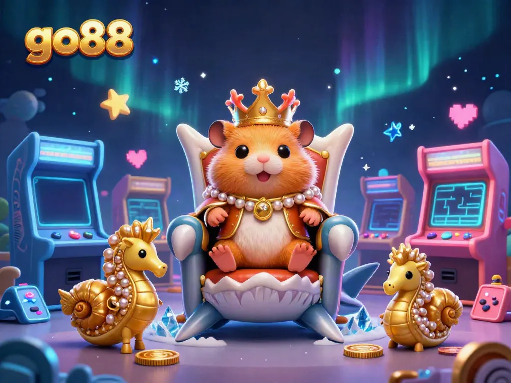 Experience go88's vibrant arcade game scene featuring a golden hamster king surrounded by colorful gaming elements.
