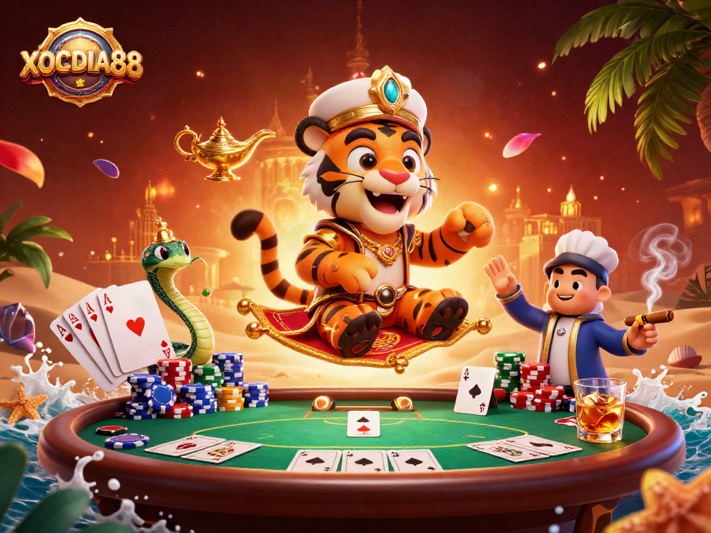 Experience thrilling gameplay with XOCDIA88, featuring a cartoon tiger sultan in a vibrant casino world.