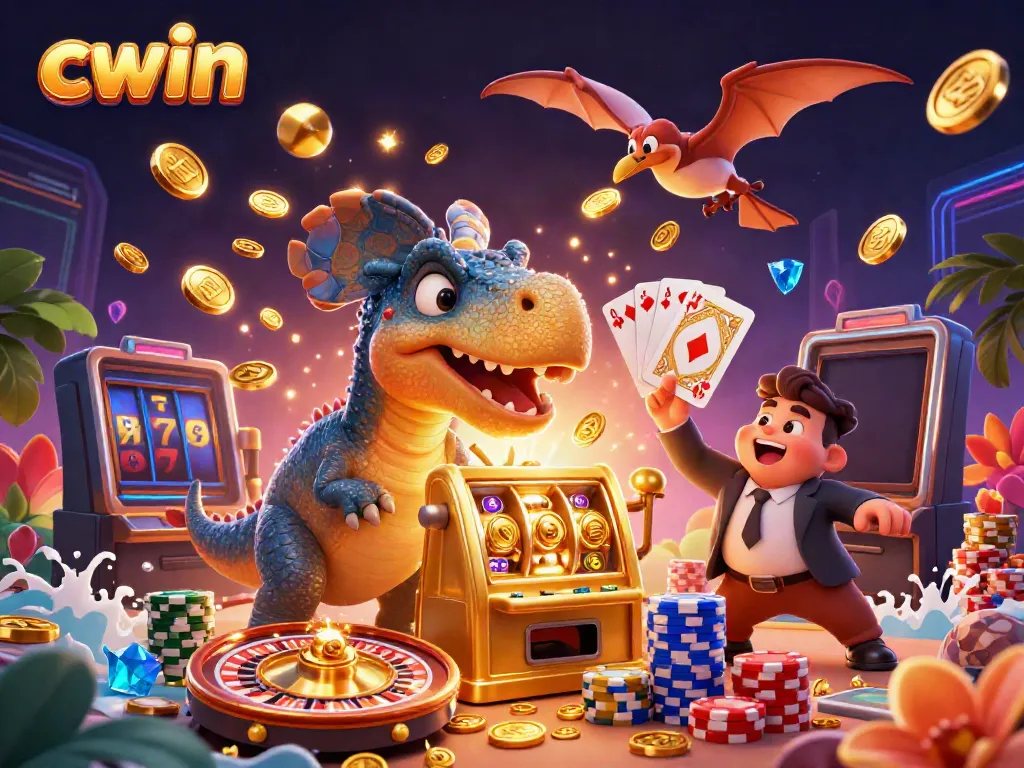 Experience the excitement at CWIN with a fun, energetic casino scene featuring iconic gambling characters.