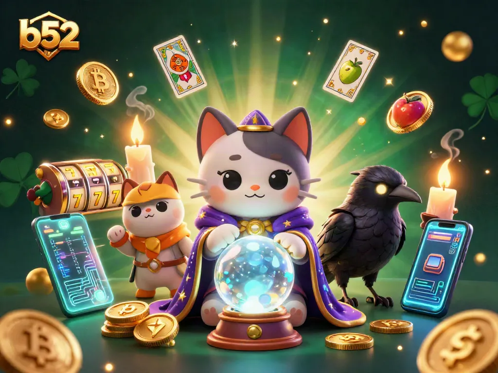 Play thrilling b52 games with an enchanting fortune teller and a mystical raven in a dynamic casino scene.