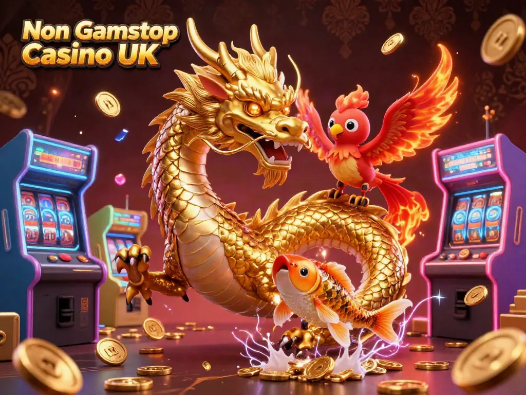 Engage with the vibrant world of Non Gamstop Casino UK, featuring a golden dragon, red phoenix, and a koi fish amidst a shower of coins.