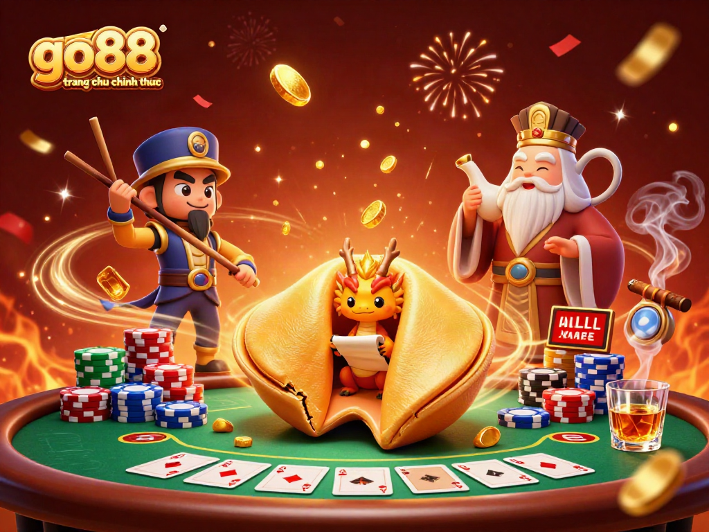 Experience the excitement of go88 trang chu chinh thuc with a vibrant casino scene featuring gold fortune cookies and poker elements.