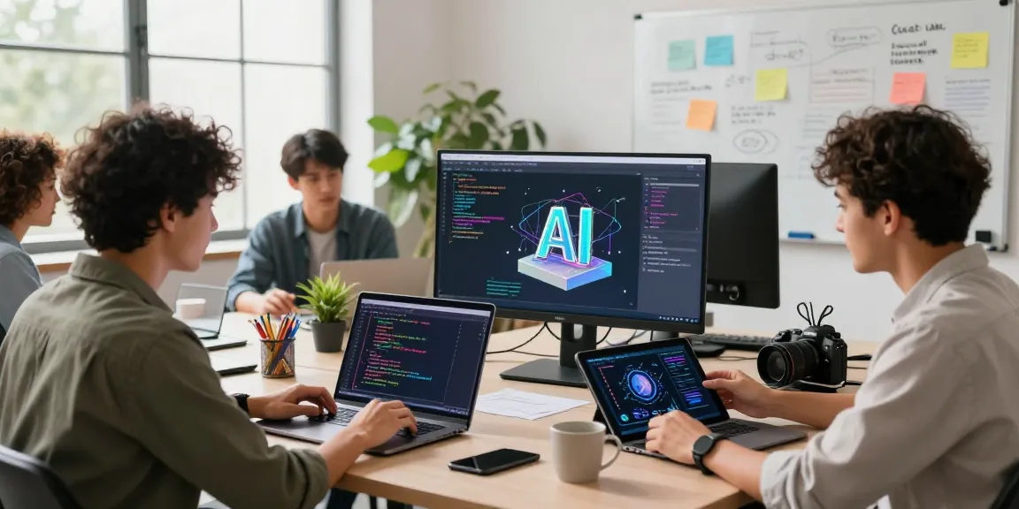 Diverse software developers collaborating on a generative AI project in a vibrant tech workspace with screens displaying code and 3D models.
