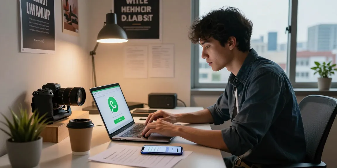 Downloading WhatsApp下載 on a sleek laptop in a modern tech workspace with cityscape views.
