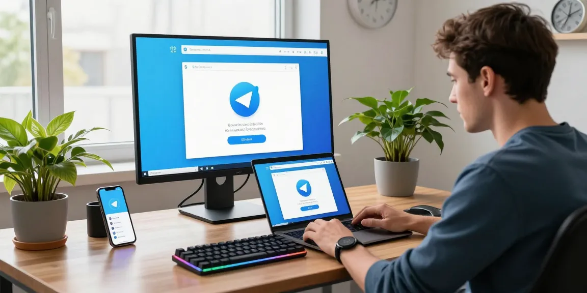 Focused individual using a laptop to download Telegram in a modern workspace, showcasing tools like a mechanical keyboard and smartphone.