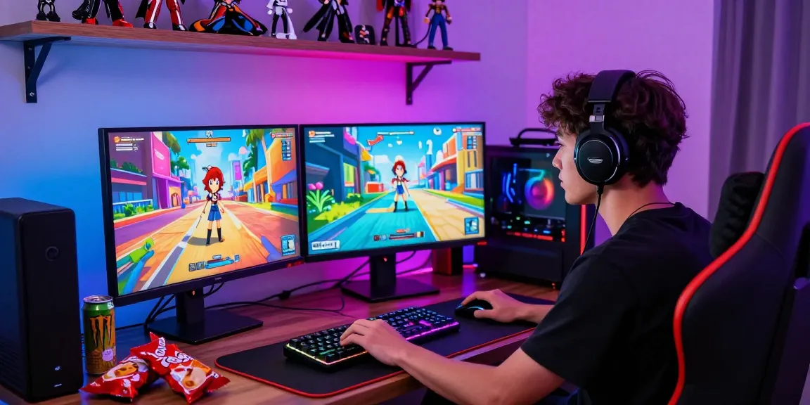Player engaging in a captivating hentai game on dual monitors in a colorful gaming setup.
