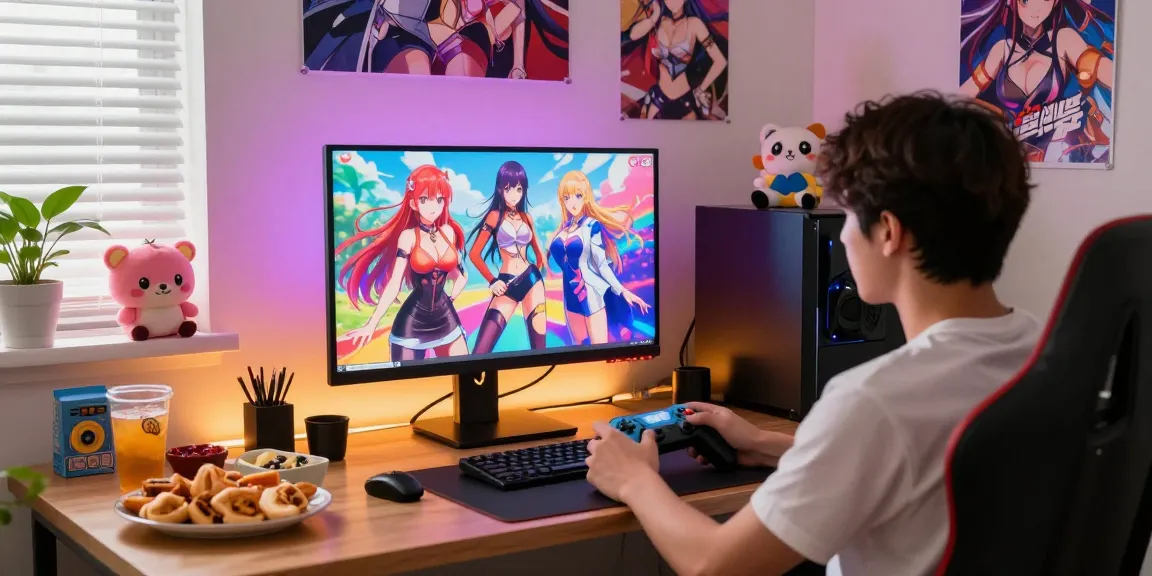 Player enjoying ecchi games in a cozy gaming setup with vibrant visuals.