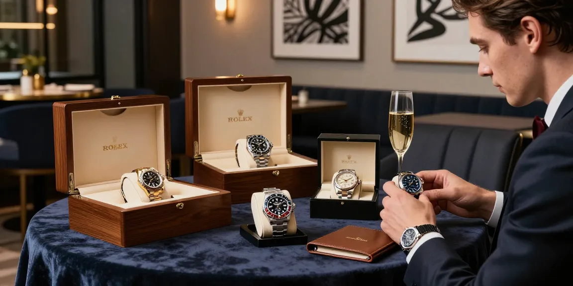 Examining exquisite rolex super clone watches in a luxury urban setting.