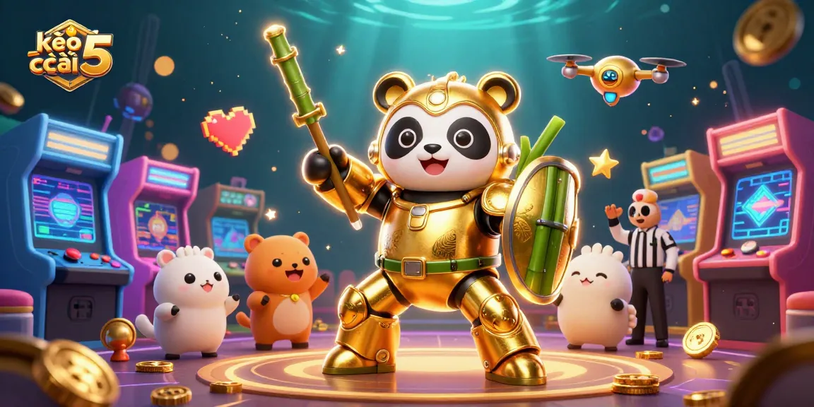 Engage with kèo nhà cái 5 in a thrilling sports betting arena, featuring energetic 3D characters and gaming elements.