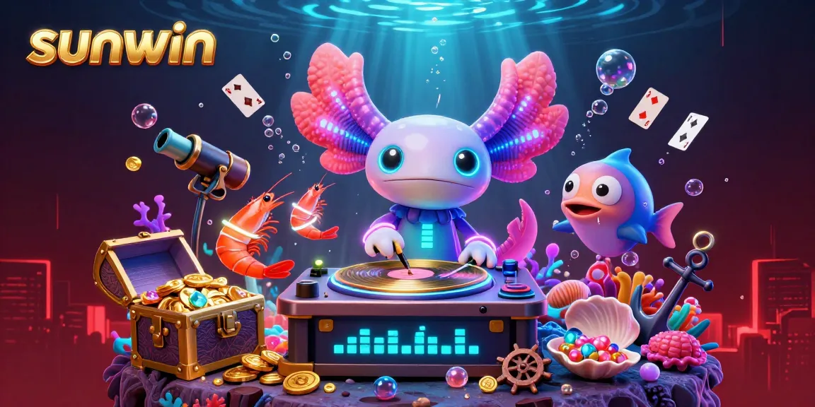 Experience the thrill of sunwin with a vibrant underwater casino scene, featuring a DJ axolotl and dynamic game elements.