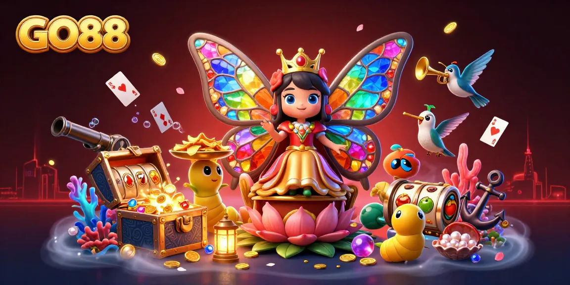 Experience the magic of GO88 as a butterfly queen oversees a vibrant casino world filled with gold coins and games.