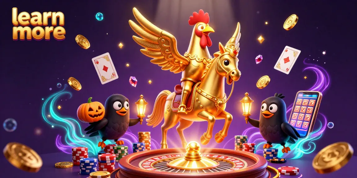Learn more about casino gameplay with vibrant 3D illustration featuring a golden rooster and pumpkin-headed crows.